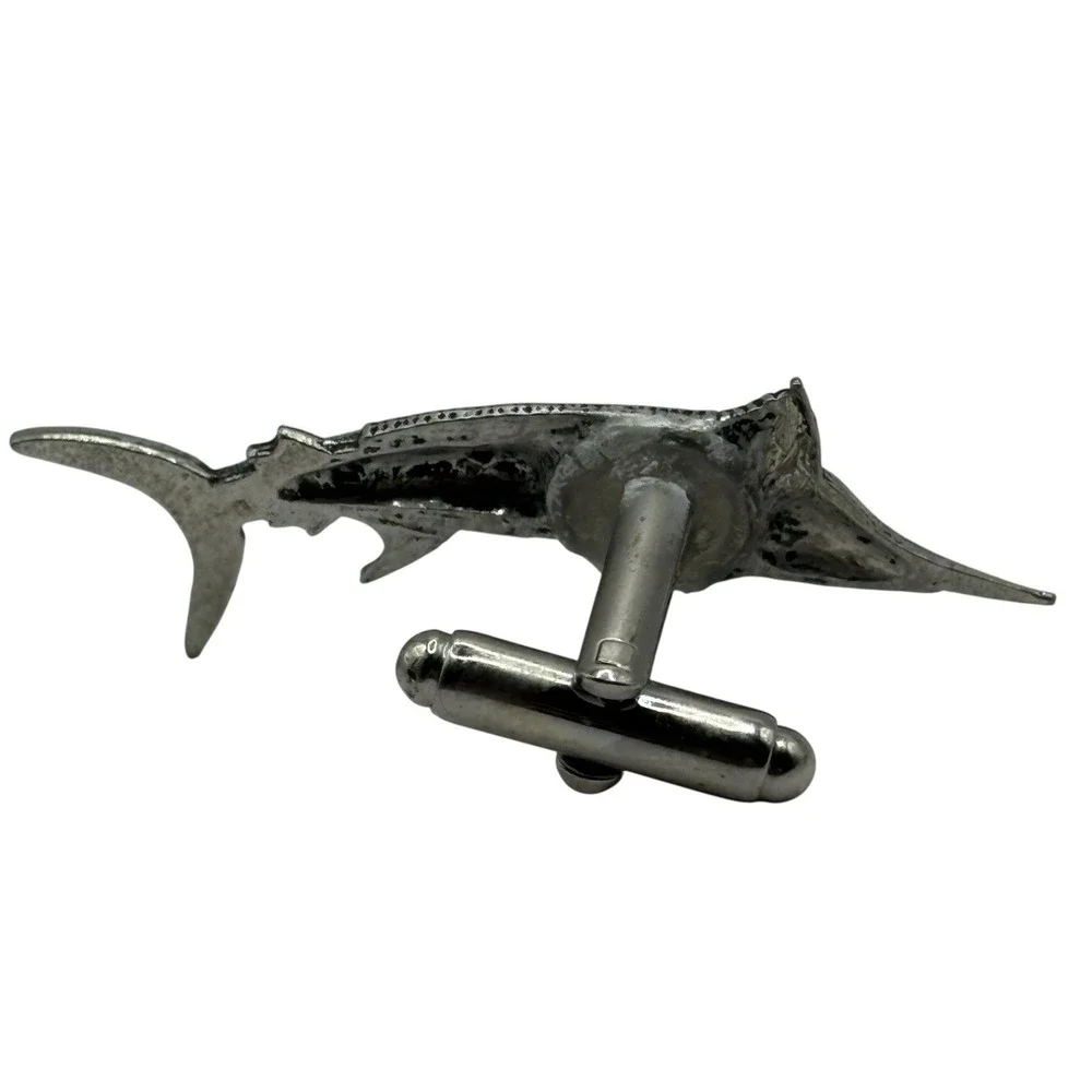 Swordfish Cufflinks Mid‎ Century Silver Tone Marlin Fish Ocean VTG Fishing READ